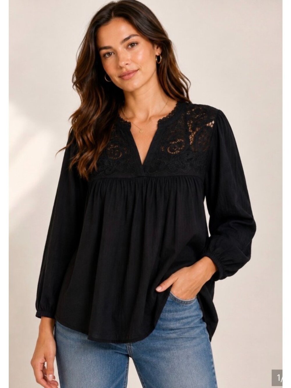 Treasure & Bond Appliqué Yoke Balloon Sleeve black Cotton Top blouse size M